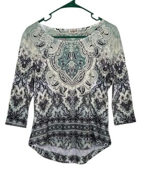 One World Scoop Neck Paisley Print Top in Teal and Black Size MP